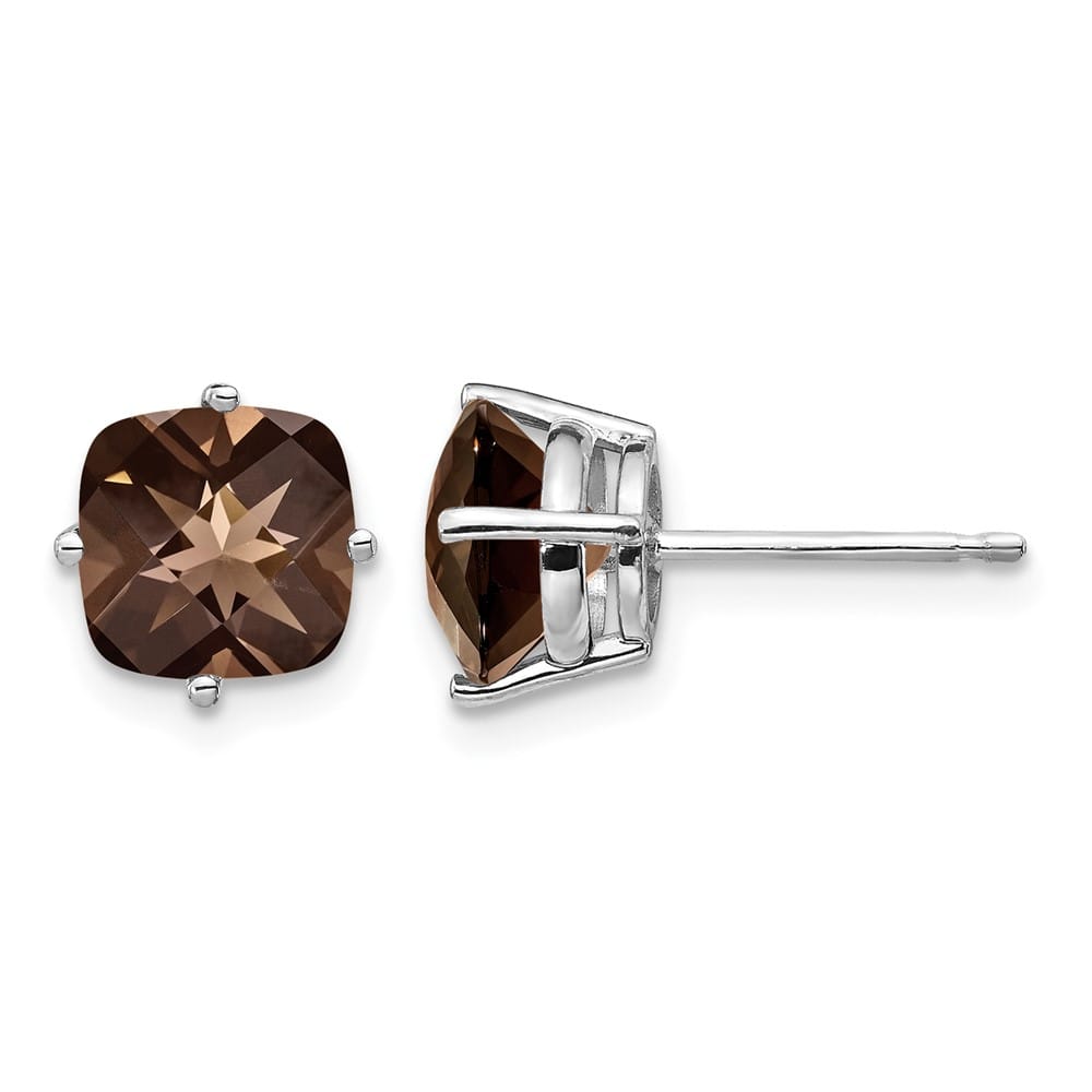 14K White Gold 7mm Cushion Smoky Quartz Post Earrings, view 1 of 4