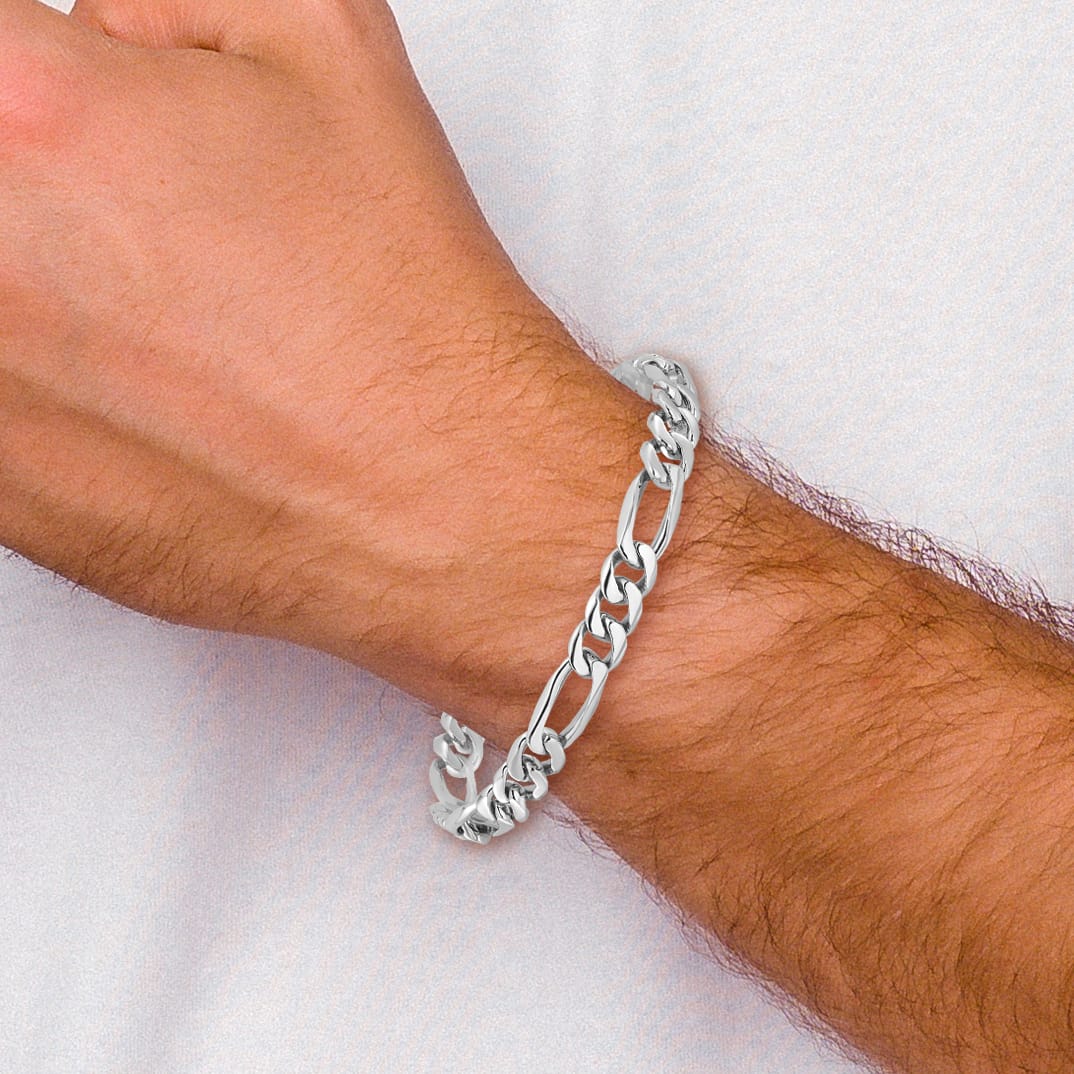 14K White Gold 7mm Hand Figaro Link Bracelet