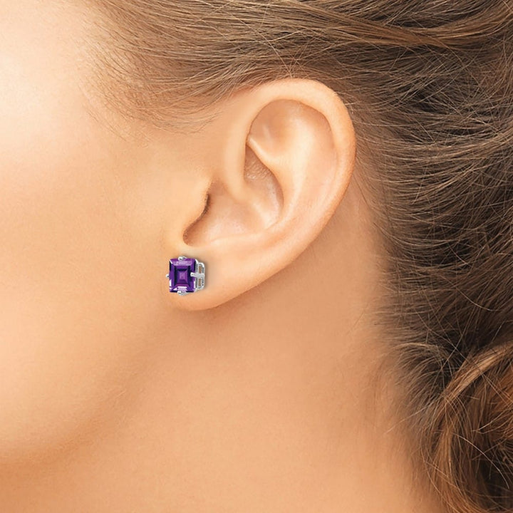 14K White Gold 7mm Princess-cut Amethyst Post Earrings, view 3 of 4