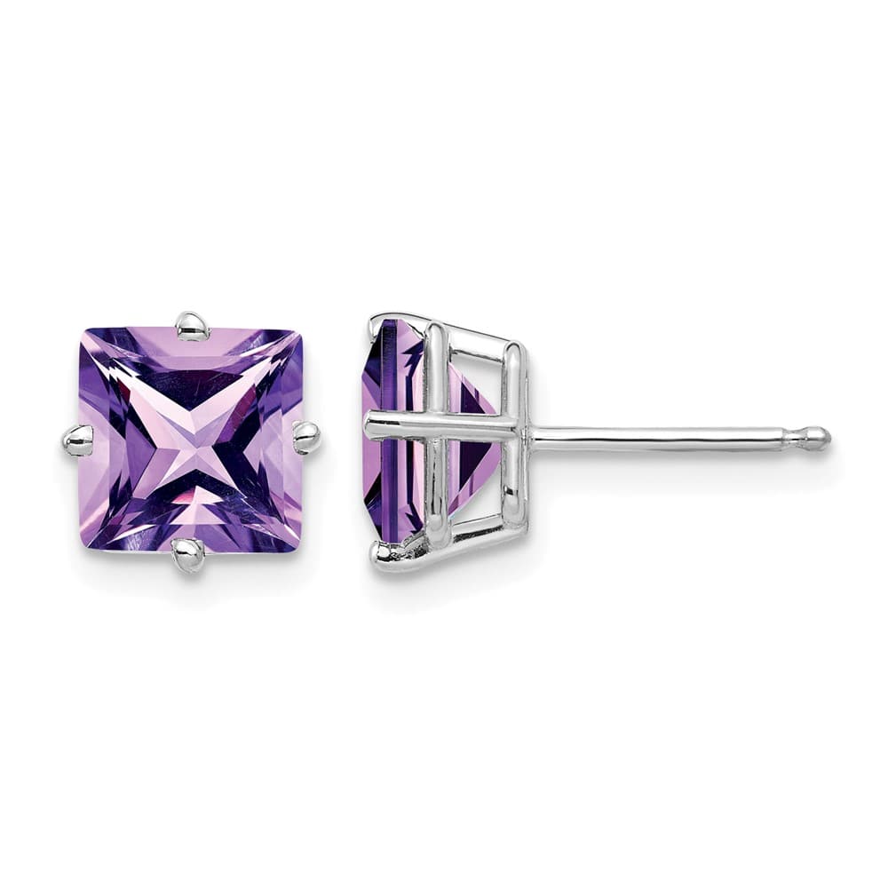 14K White Gold 7mm Princess-cut Amethyst Post Earrings, view 1 of 4