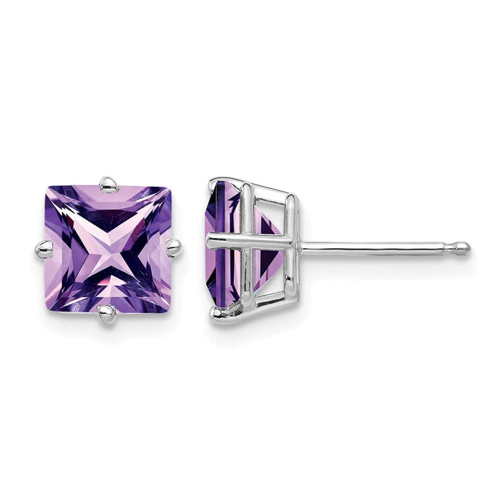 14K White Gold 7mm Princess-cut Amethyst Post Earrings, view 1 of 4