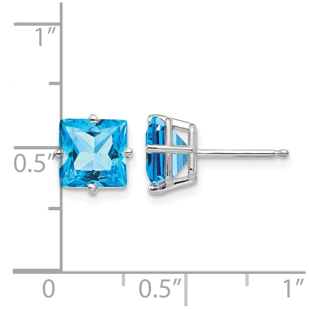 14K White Gold 7mm Princess-cut Blue Topaz Post Earrings, view 4 of 4