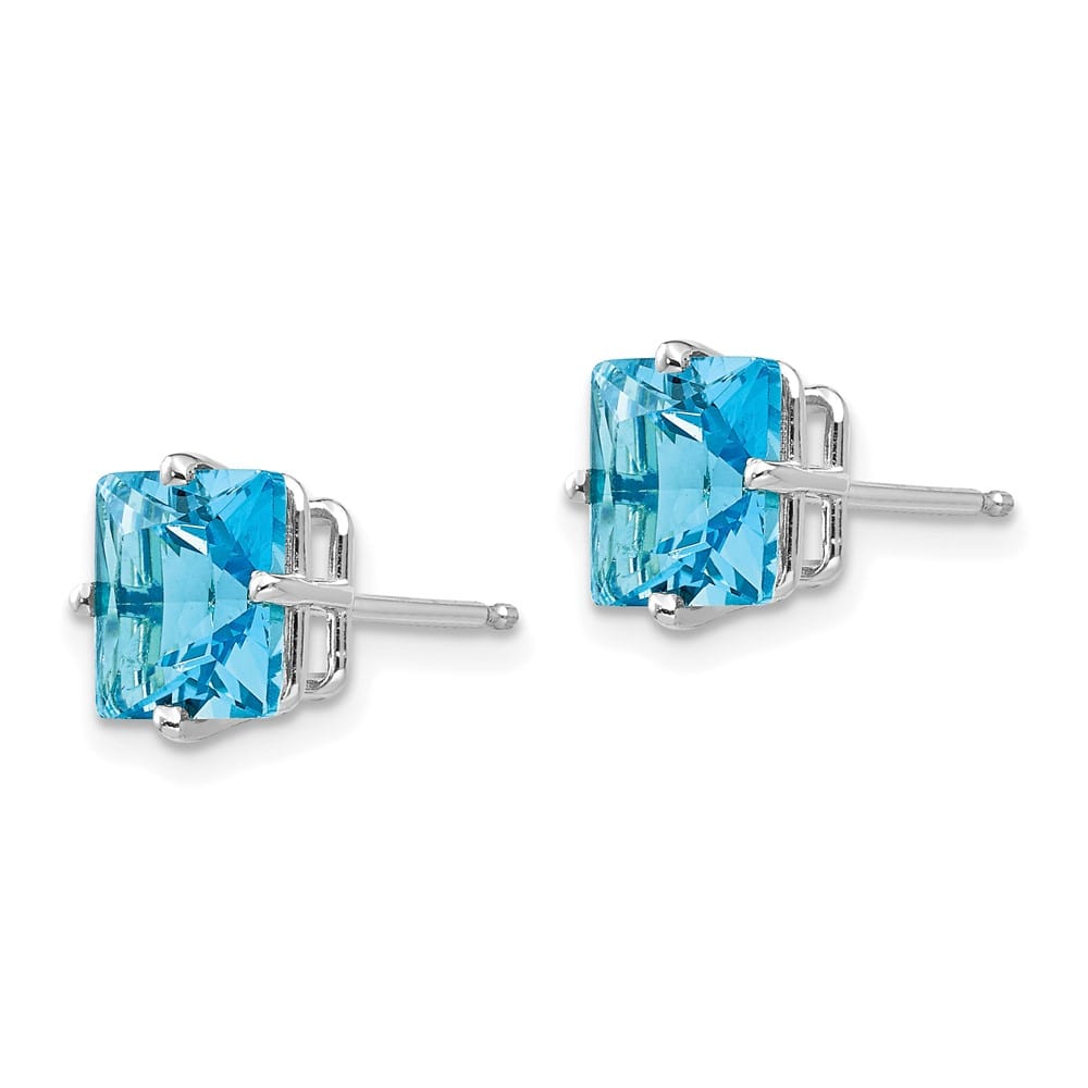 14K White Gold 7mm Princess-cut Blue Topaz Post Earrings, view 2 of 4