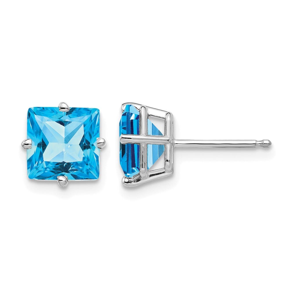 14K White Gold 7mm Princess-cut Blue Topaz Post Earrings, view 1 of 4