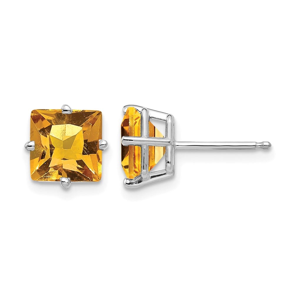 14K White Gold 7mm Princess-cut Citrine Post Earrings, view 1 of 4