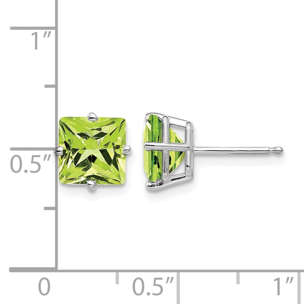 14K White Gold 7mm Princess-cut Peridot Post Earrings, view 4 of 4