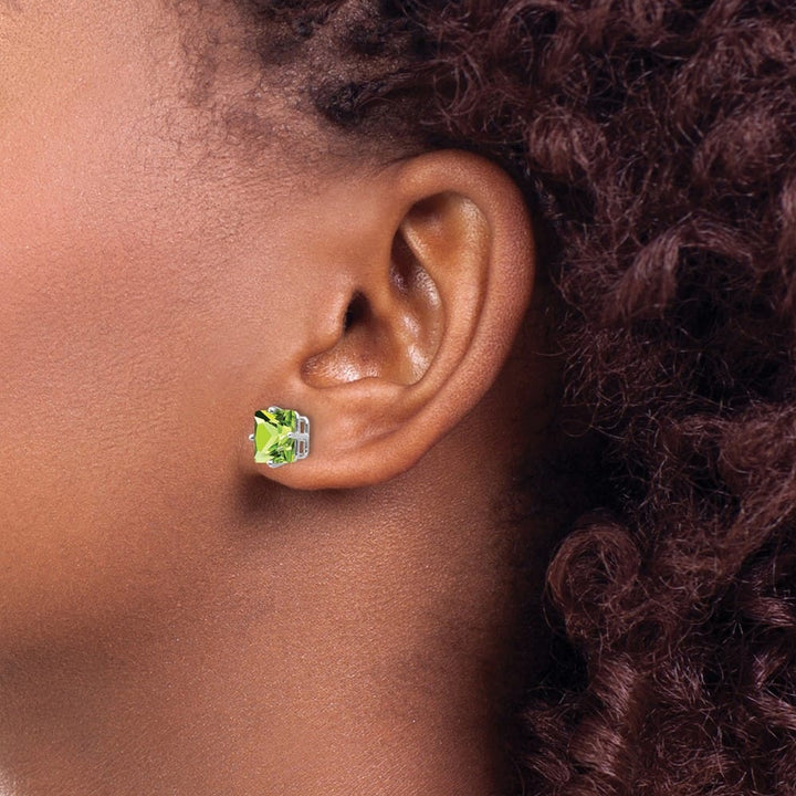14K White Gold 7mm Princess-cut Peridot Post Earrings, view 3 of 4