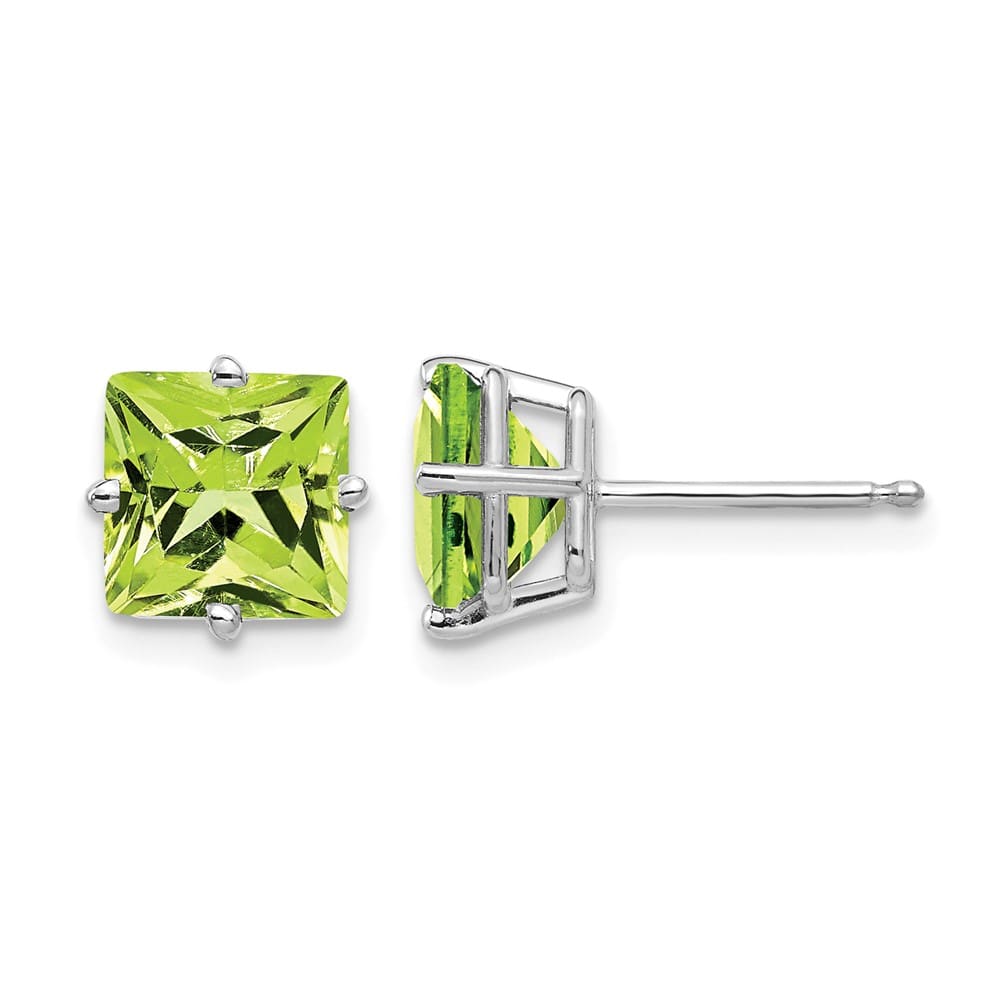 14K White Gold 7mm Princess-cut Peridot Post Earrings, view 1 of 4