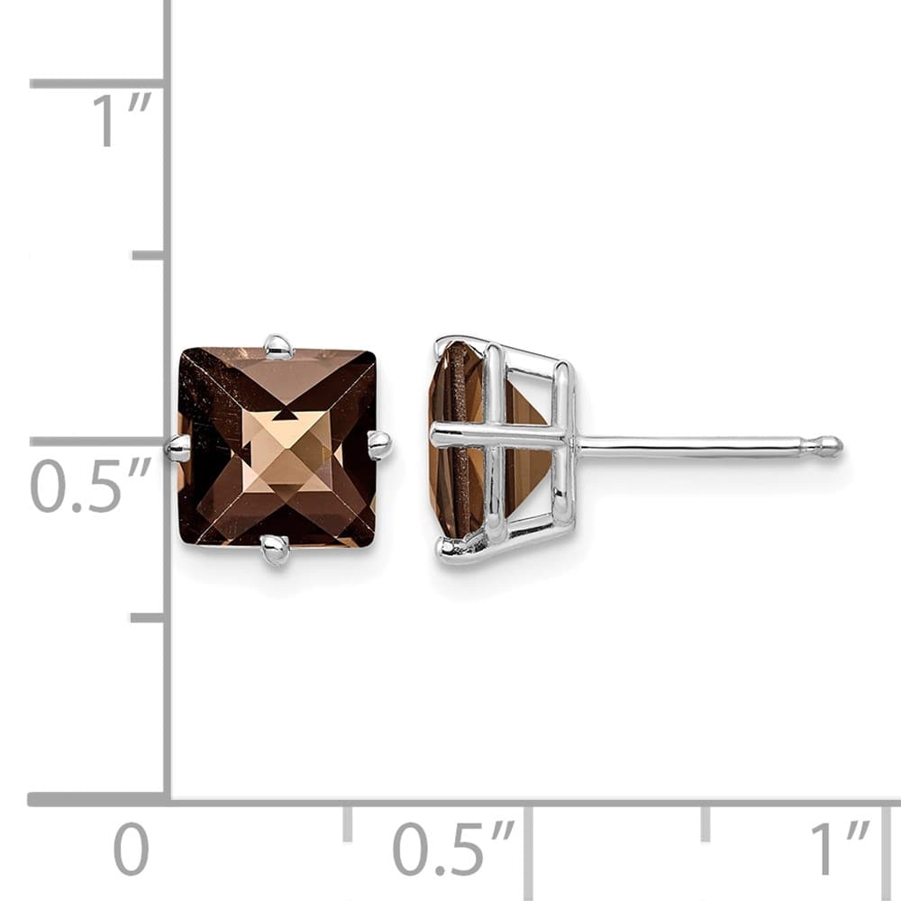 14K White Gold 7mm Square Checker-Cut Smoky Quartz Post Earrings, view 4 of 4