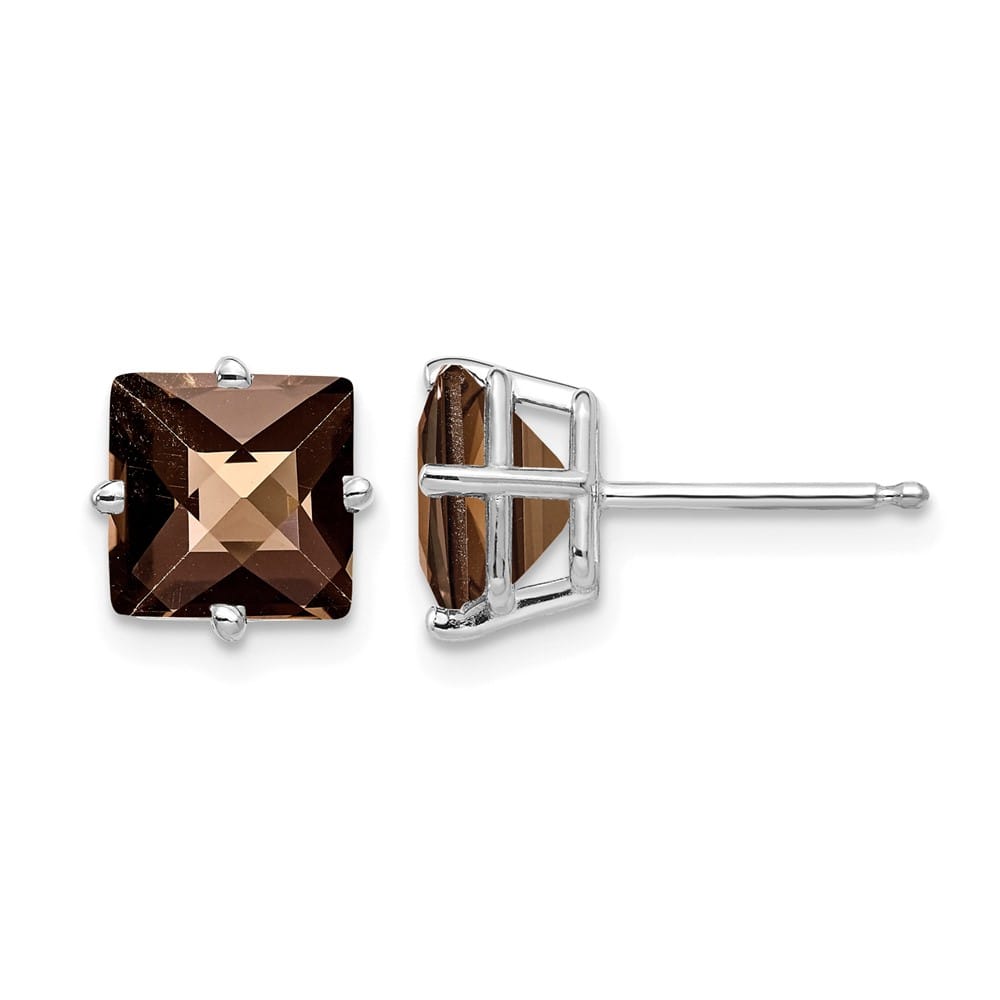 14K White Gold 7mm Square Checker-Cut Smoky Quartz Post Earrings, view 1 of 4