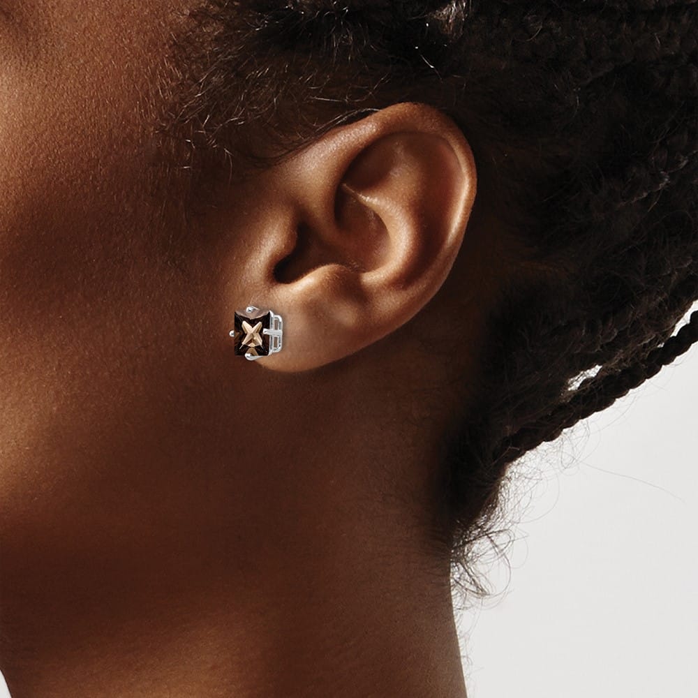 14K White Gold 7mm Square Checker-Cut Smoky Quartz Post Earrings, view 3 of 4