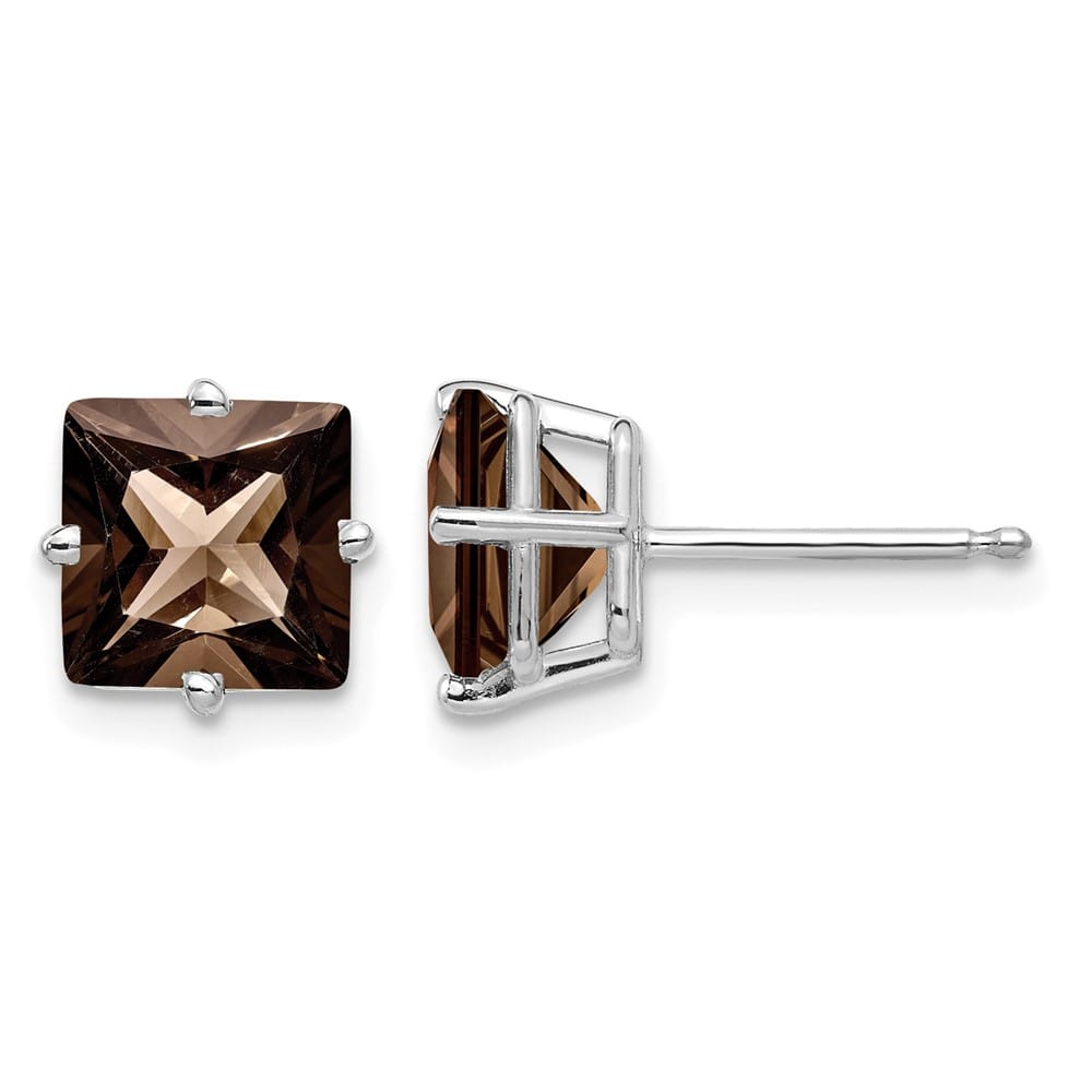 14K White Gold 7mm Square Smoky Quartz Post Earrings, view 1 of 4