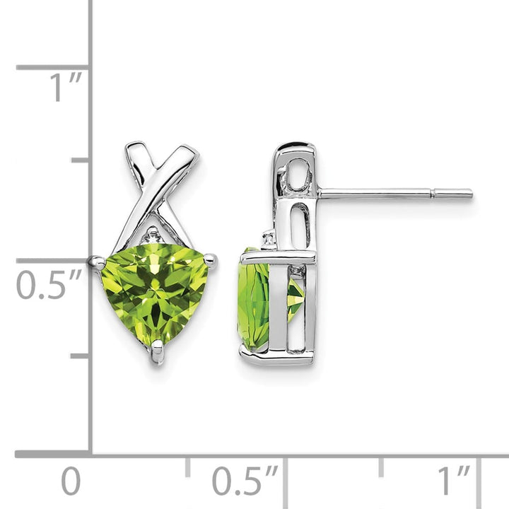 14K White Gold 7mm Trillion Peridot and White Topaz -X- Post Earrings, view 4 of 4