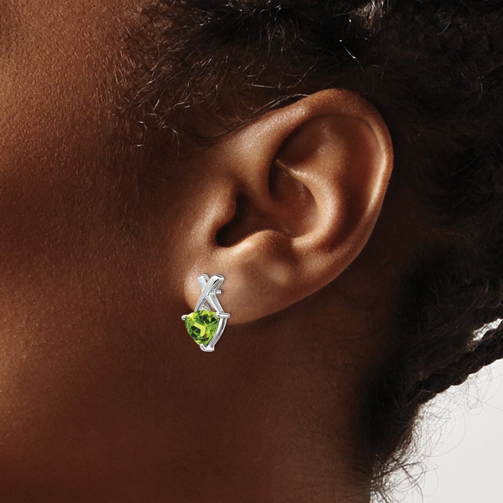 14K White Gold 7mm Trillion Peridot and White Topaz -X- Post Earrings, view 3 of 4