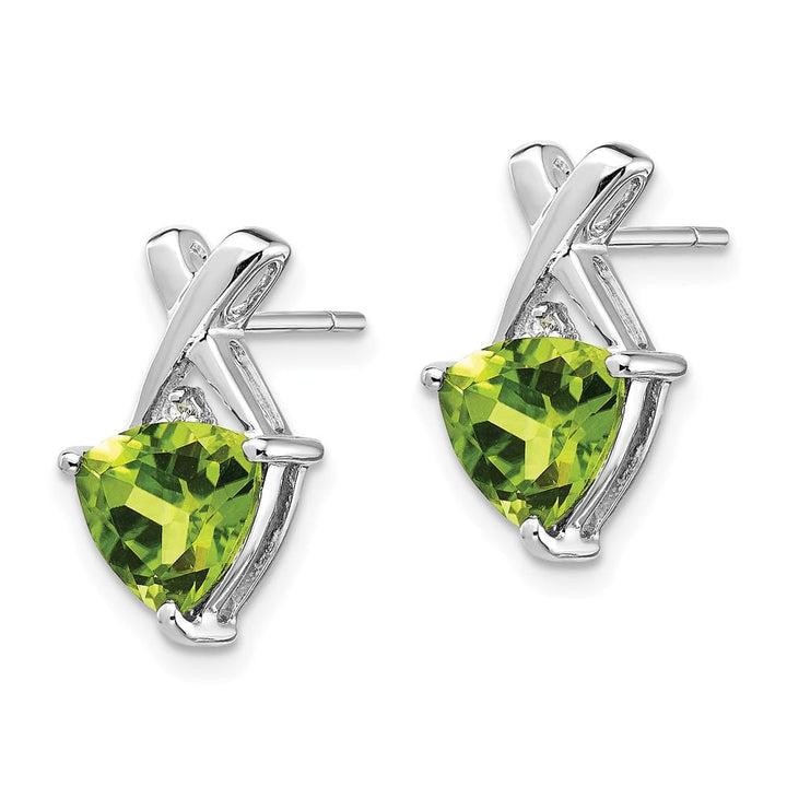 14K White Gold 7mm Trillion Peridot and White Topaz -X- Post Earrings, view 2 of 4