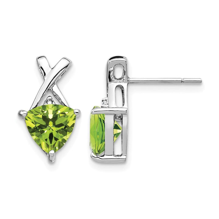 14K White Gold 7mm Trillion Peridot and White Topaz -X- Post Earrings, view 1 of 4