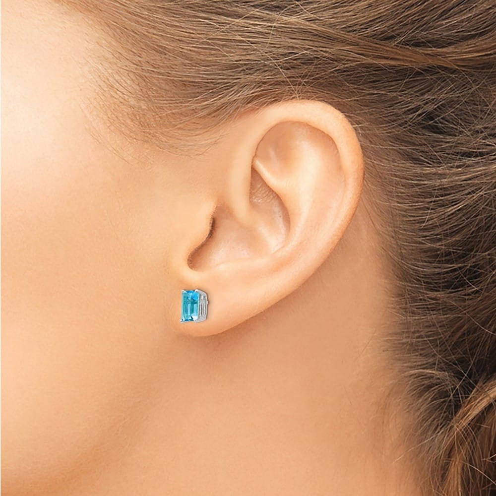 14K White Gold 7x5mm Emerald-Cut Blue Topaz Post Earrings, view 3 of 4