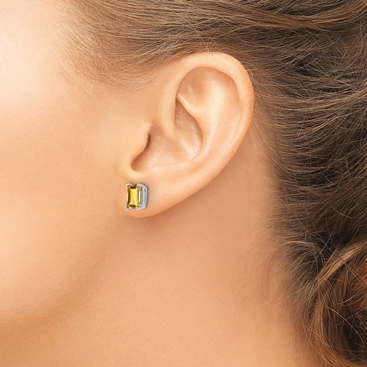 14K White Gold 7x5mm Emerald-Cut Citrine Post Earrings, view 3 of 4