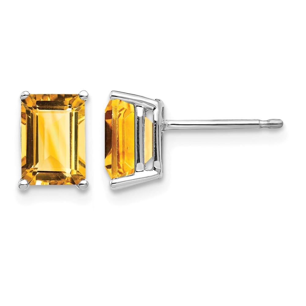 14K White Gold 7x5mm Emerald-Cut Citrine Post Earrings, view 1 of 4