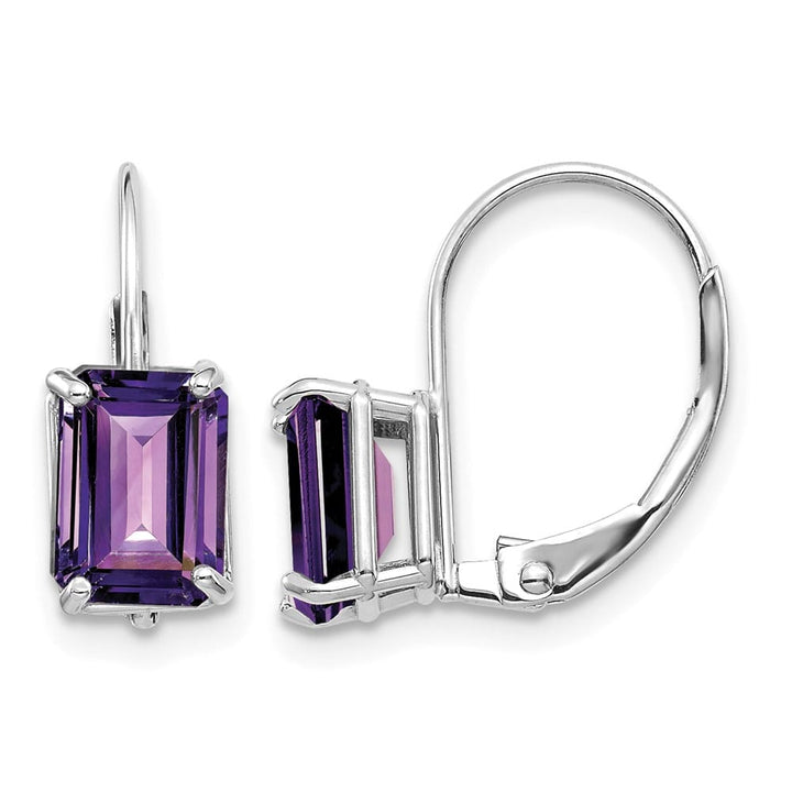 14K White Gold 7x5mm Emerald-cut Leverback Earrings, Amethyst, view 3 of 4