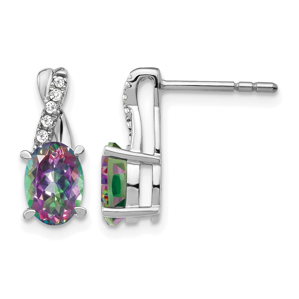 14K White Gold 7x5mm Oval Mystic Fire Topaz and Diamond Post Earrings, view 1 of 4