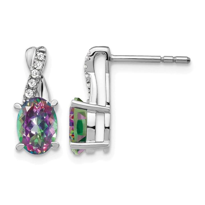 14K White Gold 7x5mm Oval Mystic Fire Topaz and Diamond Post Earrings, view 1 of 4