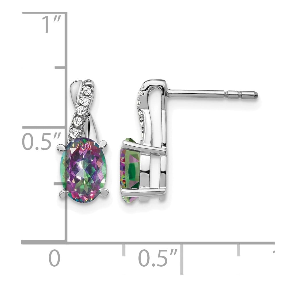 14K White Gold 7x5mm Oval Mystic Fire Topaz and Diamond Post Earrings, view 4 of 4