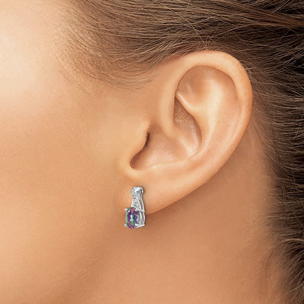 14K White Gold 7x5mm Oval Mystic Fire Topaz and Diamond Post Earrings, view 3 of 4