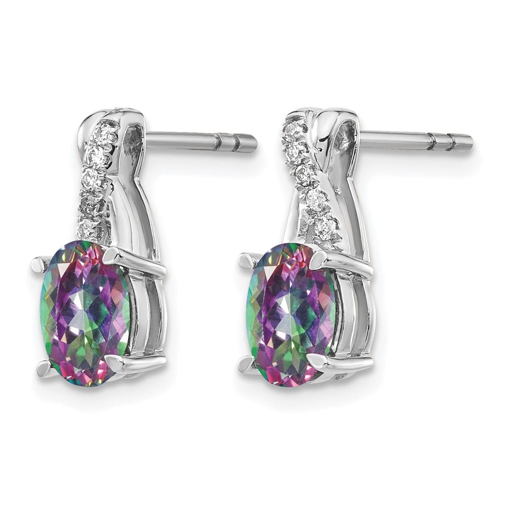 14K White Gold 7x5mm Oval Mystic Fire Topaz and Diamond Post Earrings, view 2 of 4