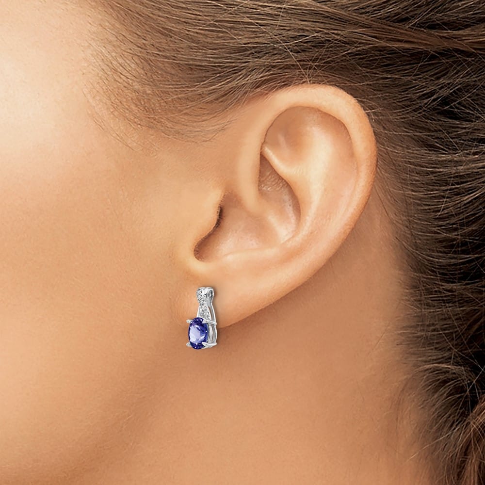 14K White Gold 7x5mm Oval Tanzanite and Diamond Post Earrings, view 3 of 4