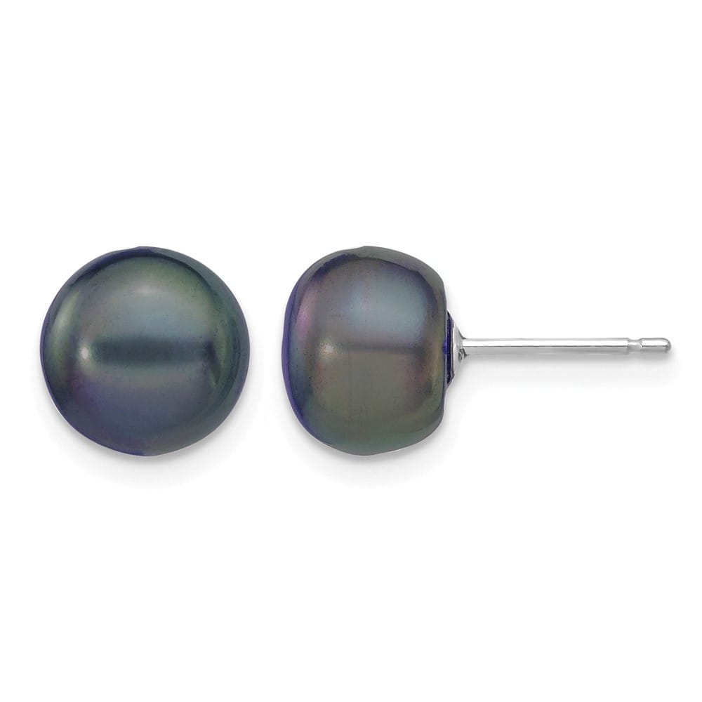 14K White Gold 8-9mm Black Button Freshwater Pearl Stud Post Earrings