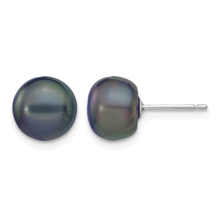 14K White Gold 8-9mm Black Button Freshwater Pearl Stud Post Earrings
