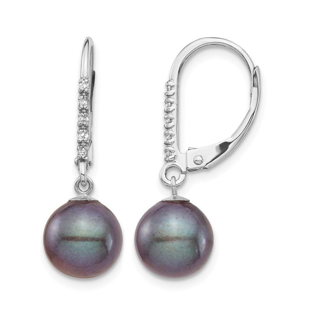 14K White Gold 8-9mm Black Round Freshwater Pearl and .05 Earrings