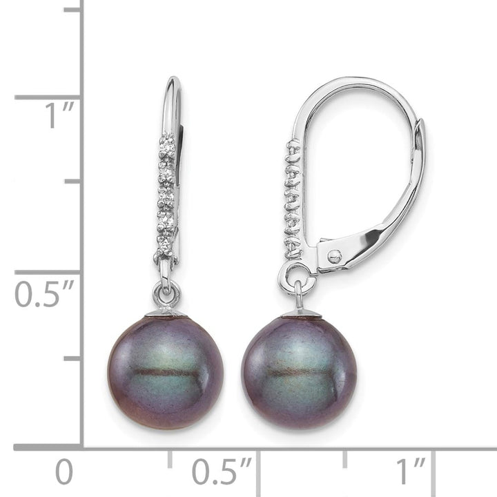 14K White Gold 8-9mm Black Round Freshwater Pearl and .05 Earrings