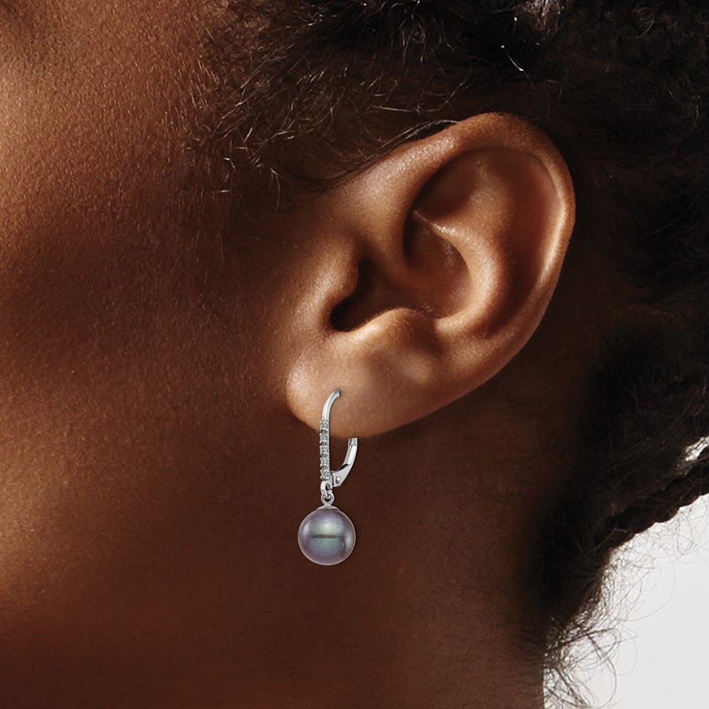 14K White Gold 8-9mm Black Round Freshwater Pearl and .05 Earrings