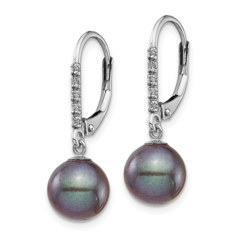 14K White Gold 8-9mm Black Round Freshwater Pearl and .05 Earrings