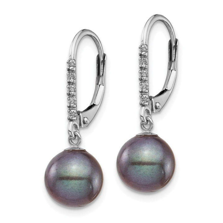 14K White Gold 8-9mm Black Round Freshwater Pearl and .05 Earrings