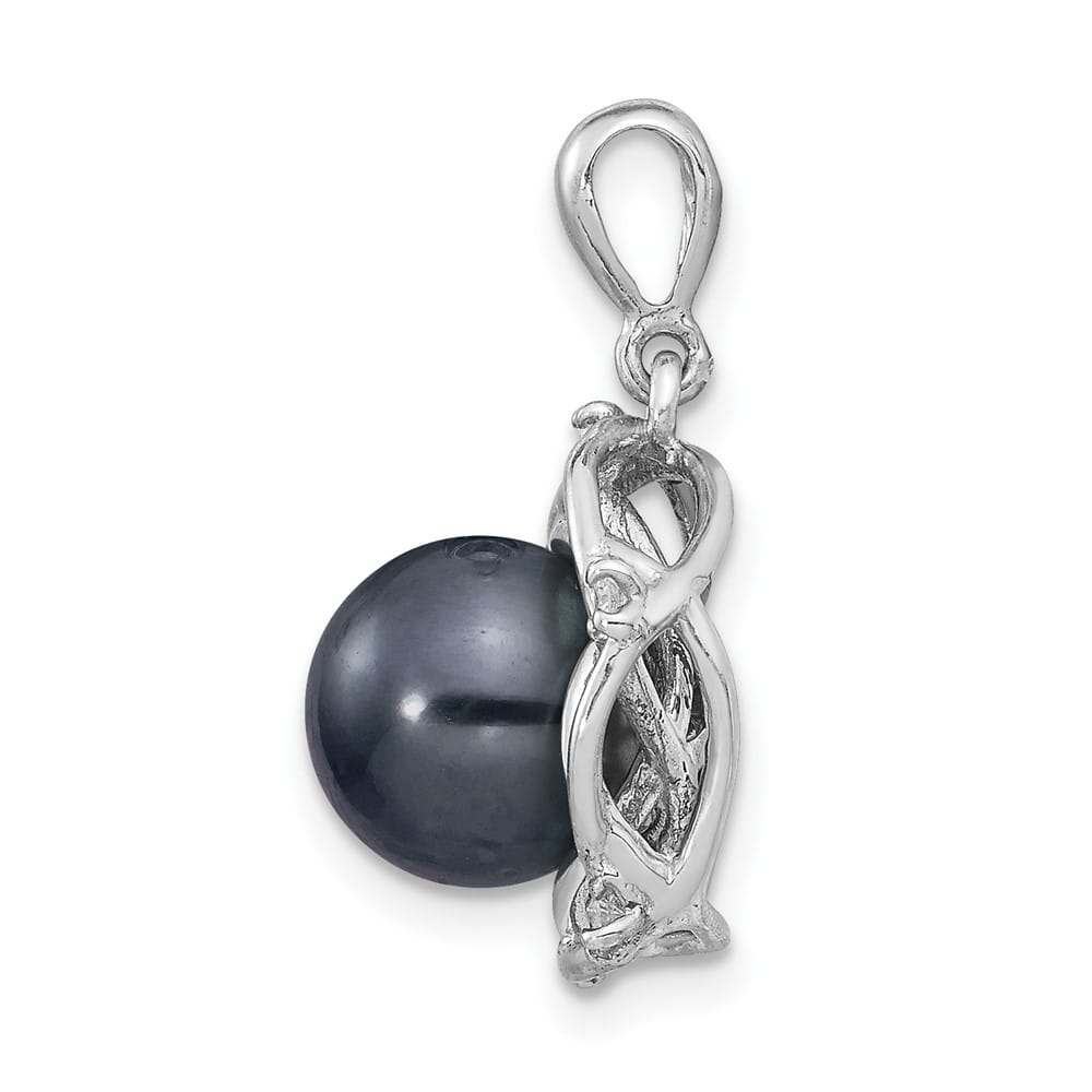 14K White Gold 8-9mm Black Tahitian Pearl and .075 ct Diamond Pendant