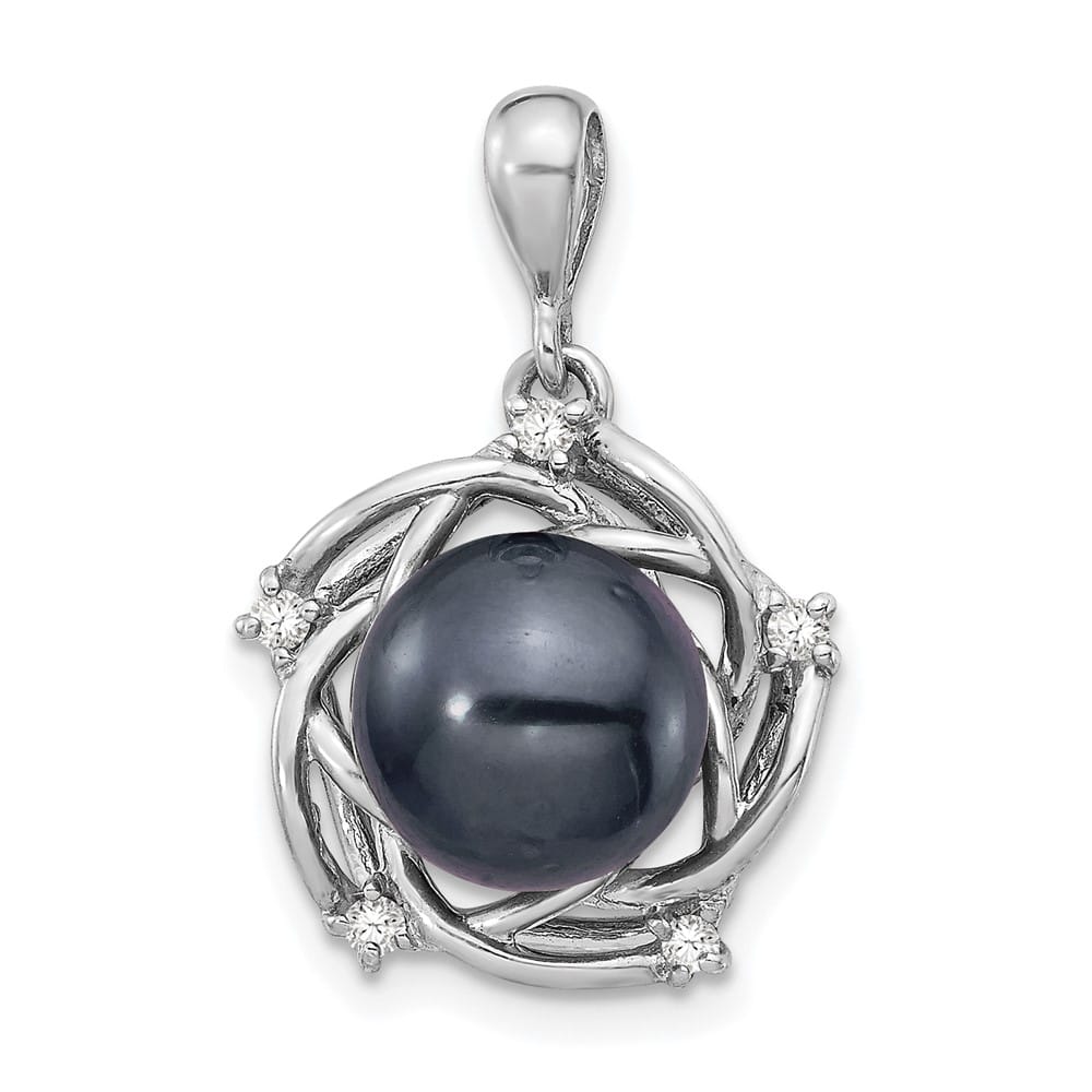 14K White Gold 8-9mm Black Tahitian Pearl and .075 ct Diamond Pendant