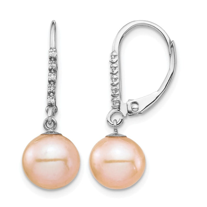 14K White Gold 8-9mm Pink Round Freshwater Pearl and .05 Earrings