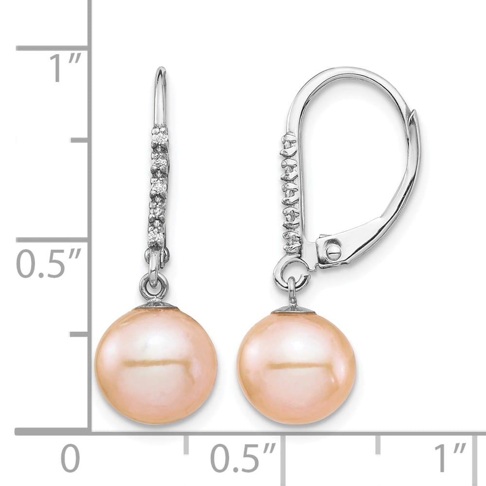 14K White Gold 8-9mm Pink Round Freshwater Pearl and .05 Earrings