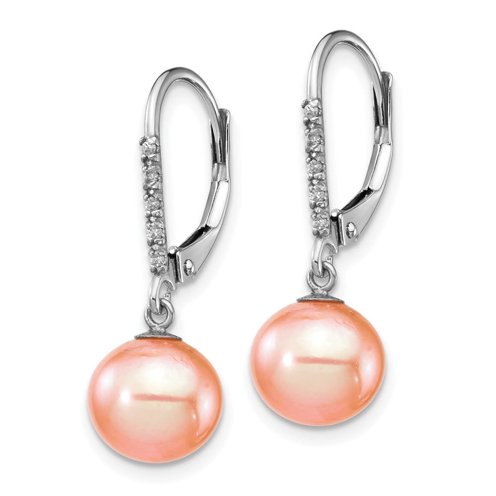14K White Gold 8-9mm Pink Round Freshwater Pearl and .05 Earrings