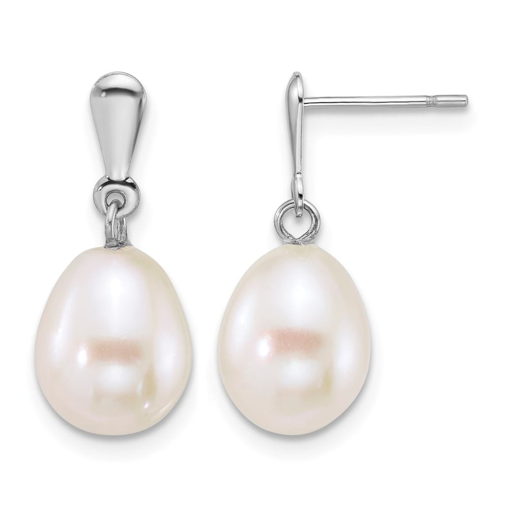 14K White Gold 8-9mm Rice White Freshwater Pearl Dangle Post Earrings