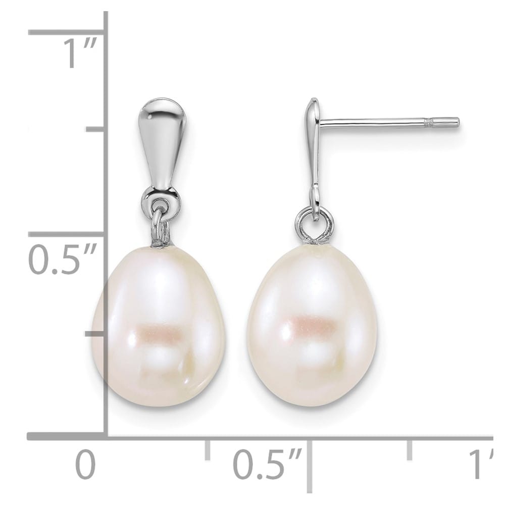 14K White Gold 8-9mm Rice White Freshwater Pearl Dangle Post Earrings