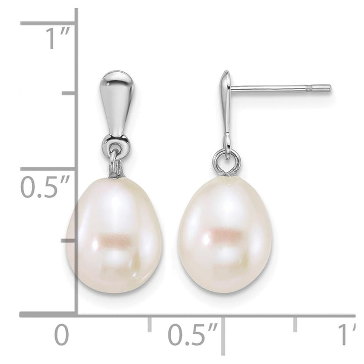 14K White Gold 8-9mm Rice White Freshwater Pearl Dangle Post Earrings