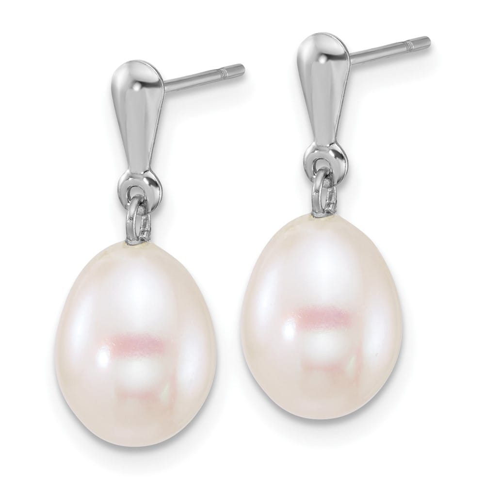 14K White Gold 8-9mm Rice White Freshwater Pearl Dangle Post Earrings