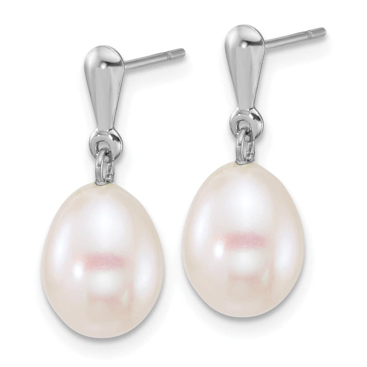 14K White Gold 8-9mm Rice White Freshwater Pearl Dangle Post Earrings
