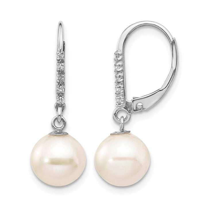 14K White Gold 8-9mm White Round Freshwater Pearl and .05 Earrings