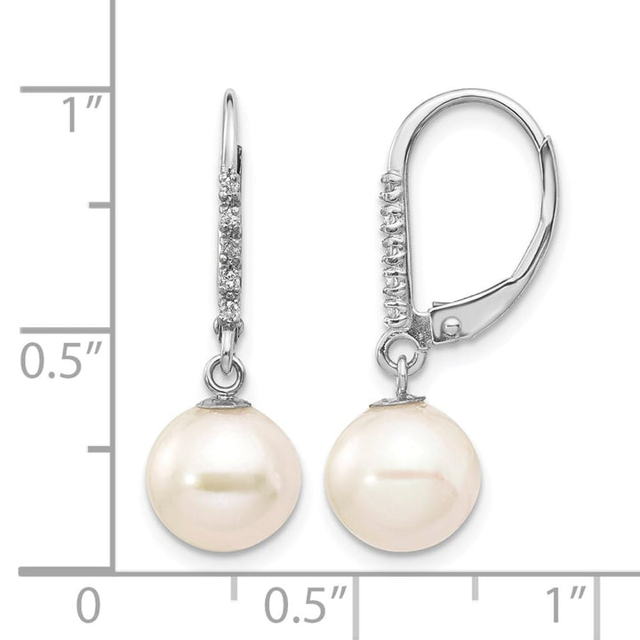 14K White Gold 8-9mm White Round Freshwater Pearl and .05 Earrings