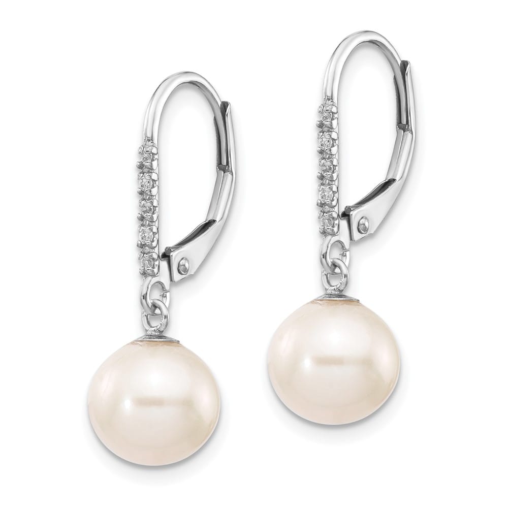 14K White Gold 8-9mm White Round Freshwater Pearl and .05 Earrings